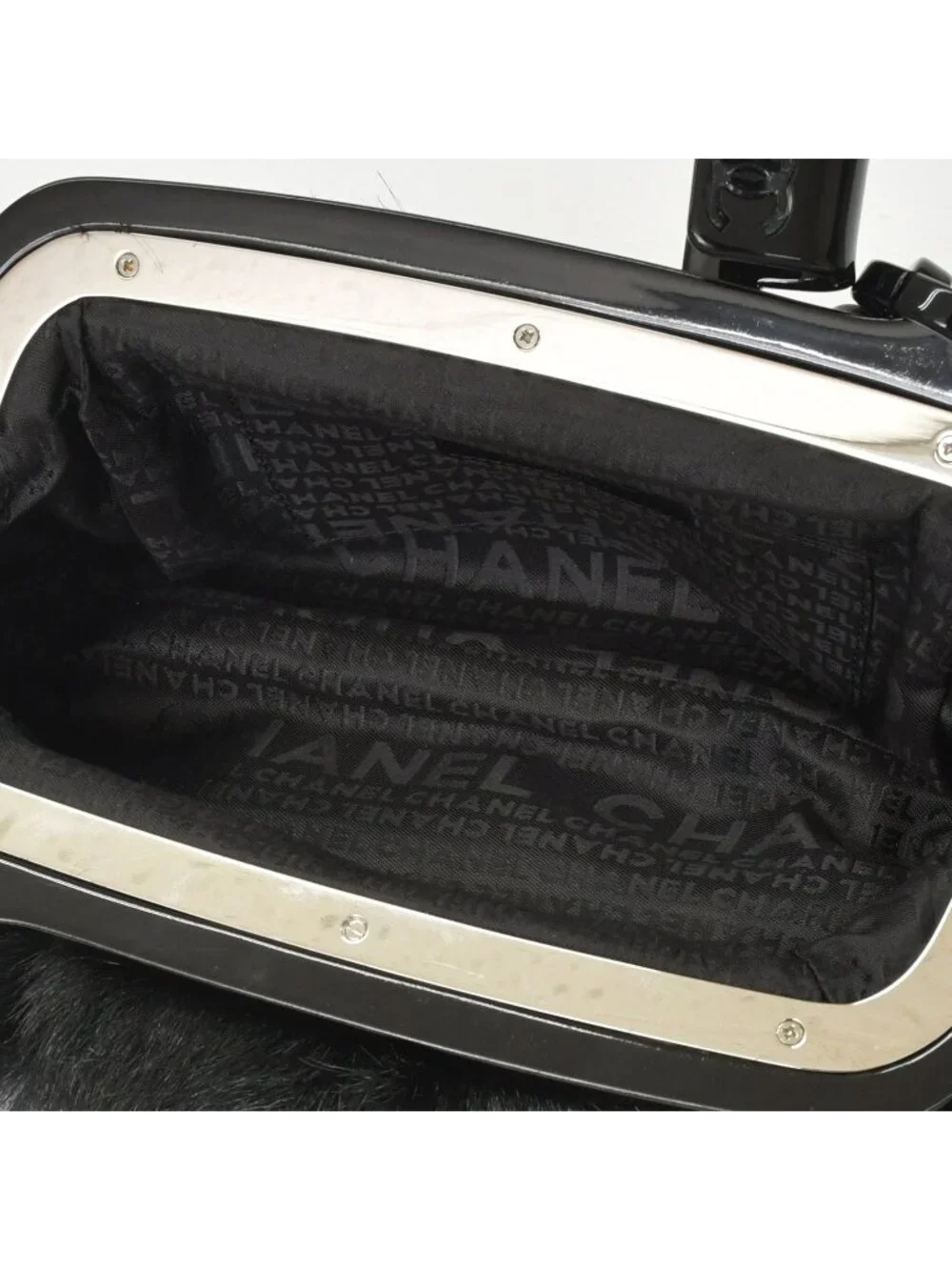 Chanel Plastic Chain Bag CC Logo Goat Fur Leather Black